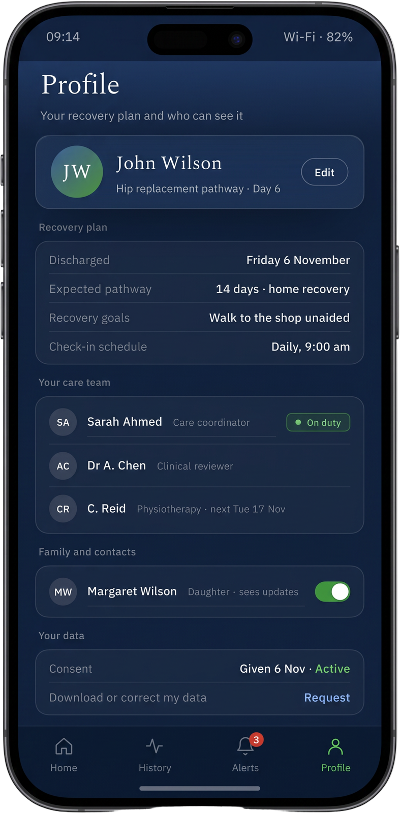 Ambrosia patient app Profile screen